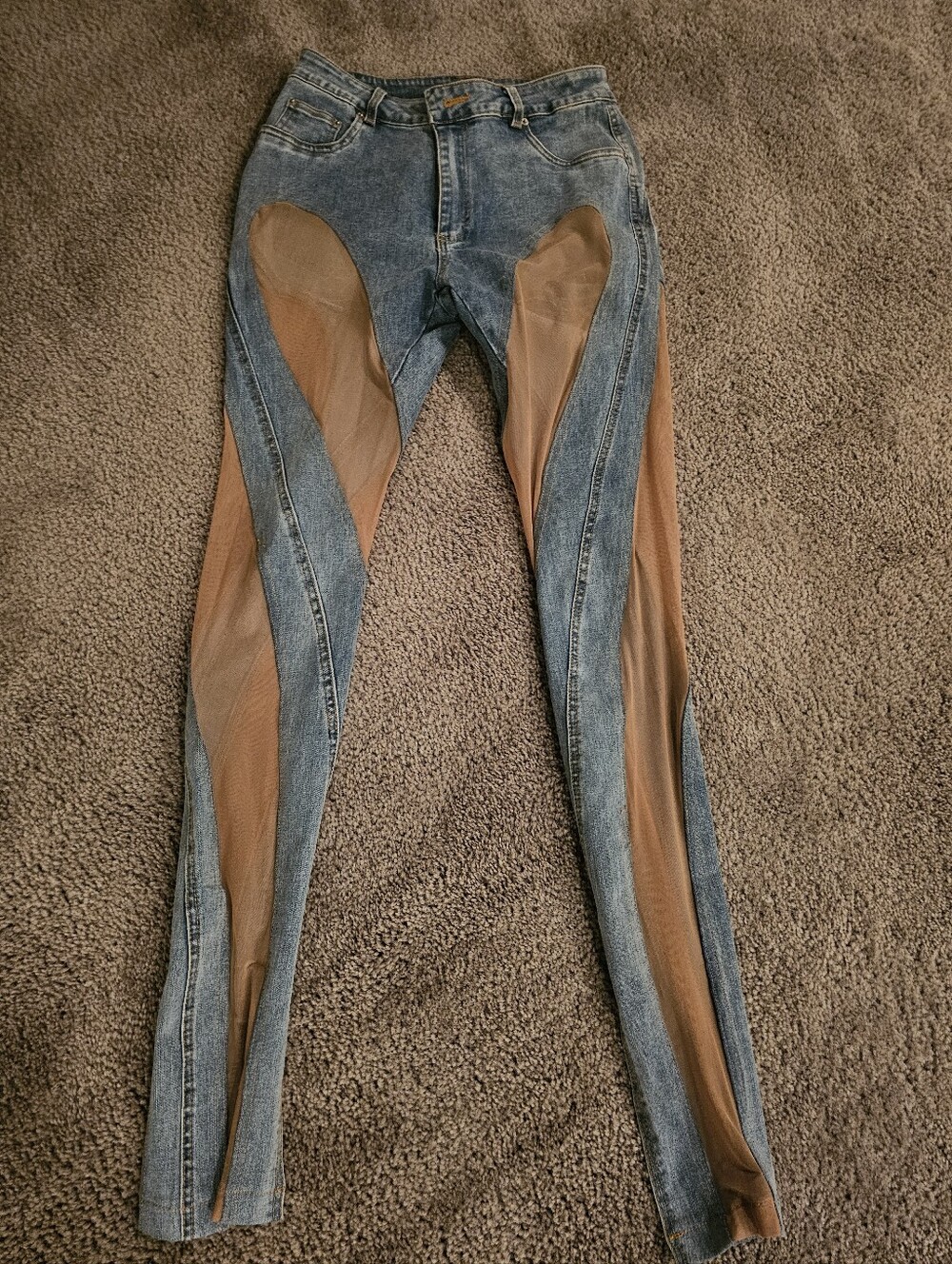 Rehab LA Women’s Blue Skinny Stretch Denim Jeans with Tan Mesh Paneling